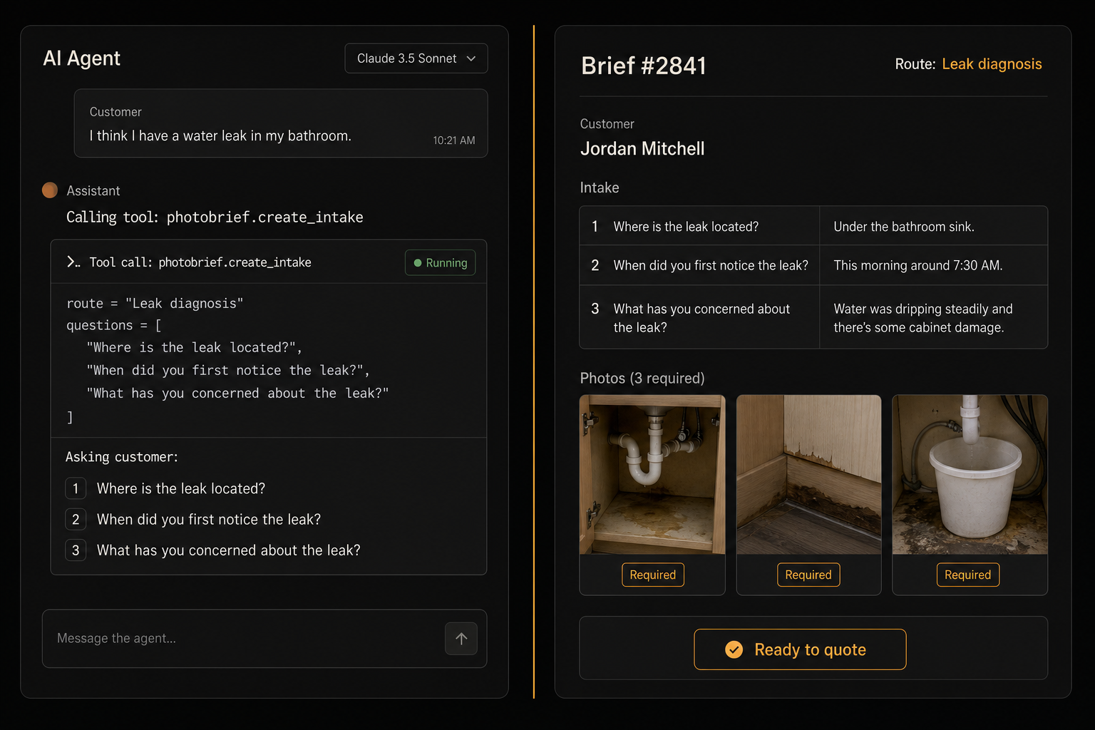 AI agent chat interface using the PhotoBrief MCP tool to fetch a brief and draft a quote.