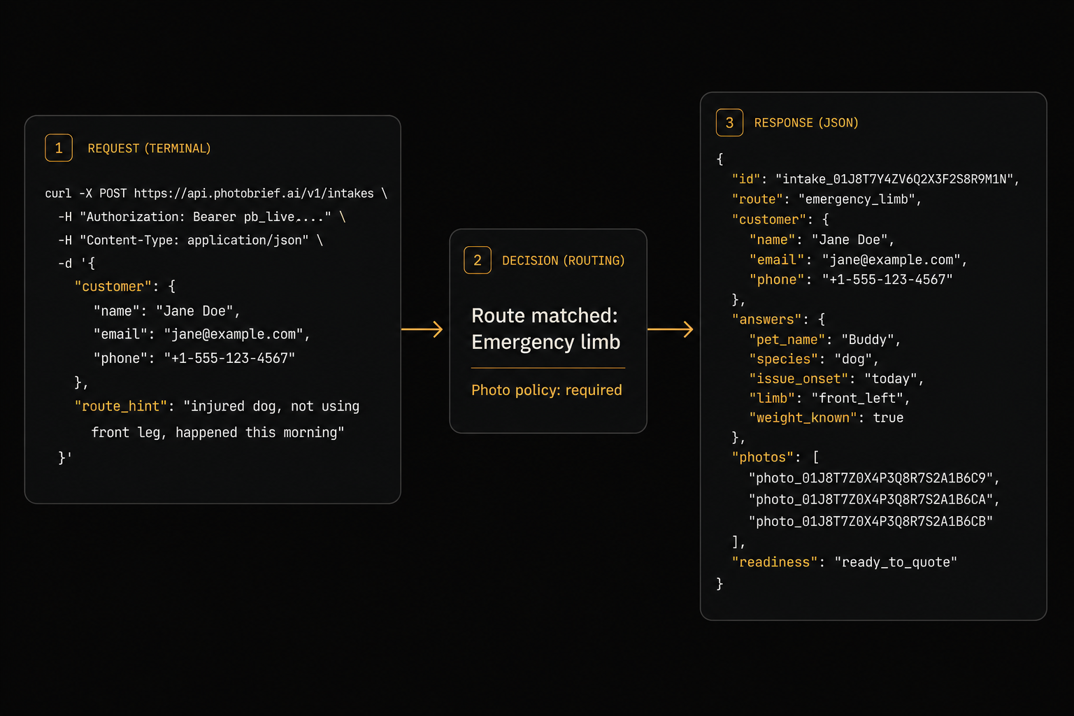 Developer terminal showing a curl request to the PhotoBrief API and a JSON brief response.