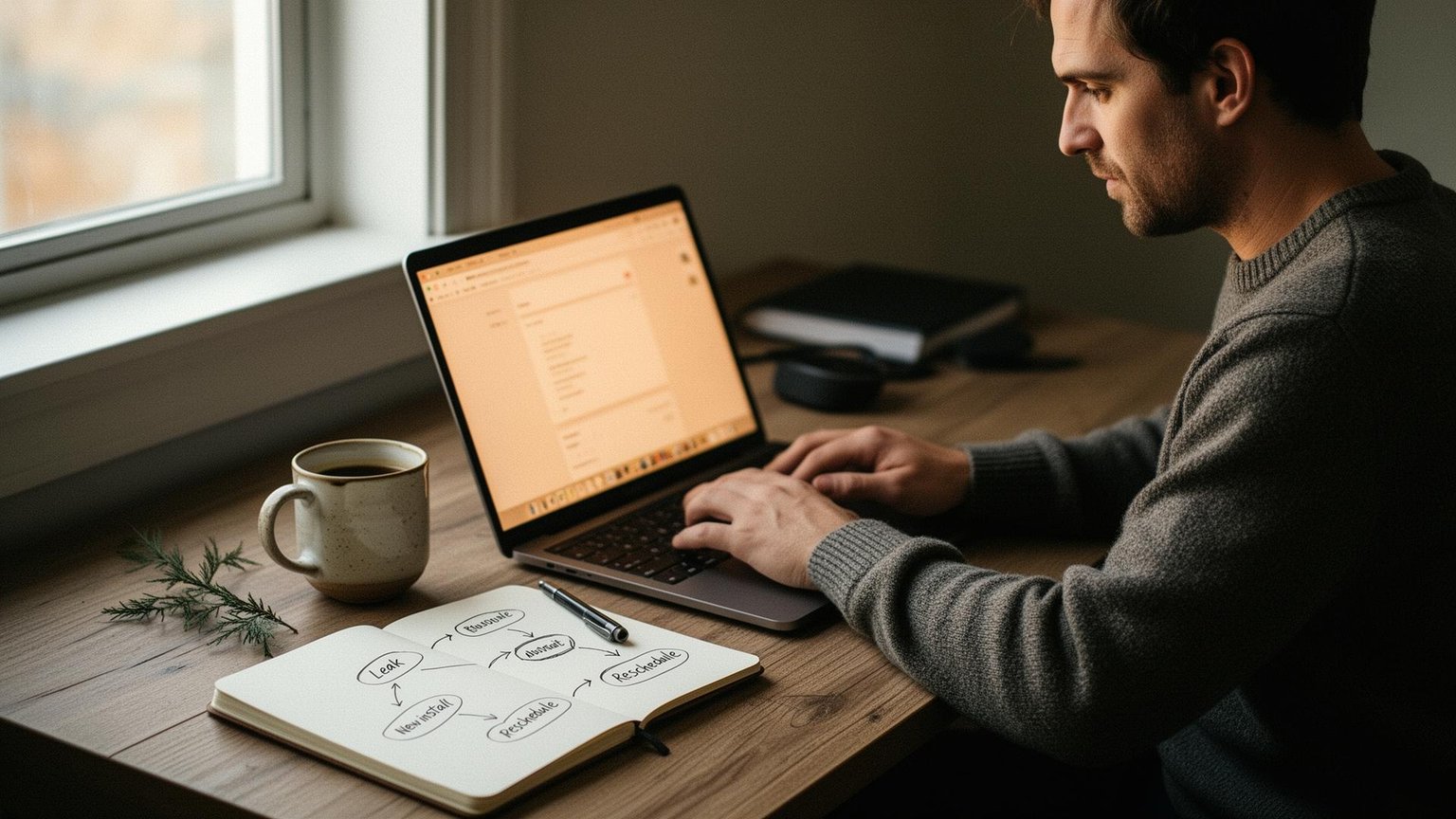 Founding partner at a laptop sketching intake routes in a notebook while typing a setup note — no video call, async by design.
