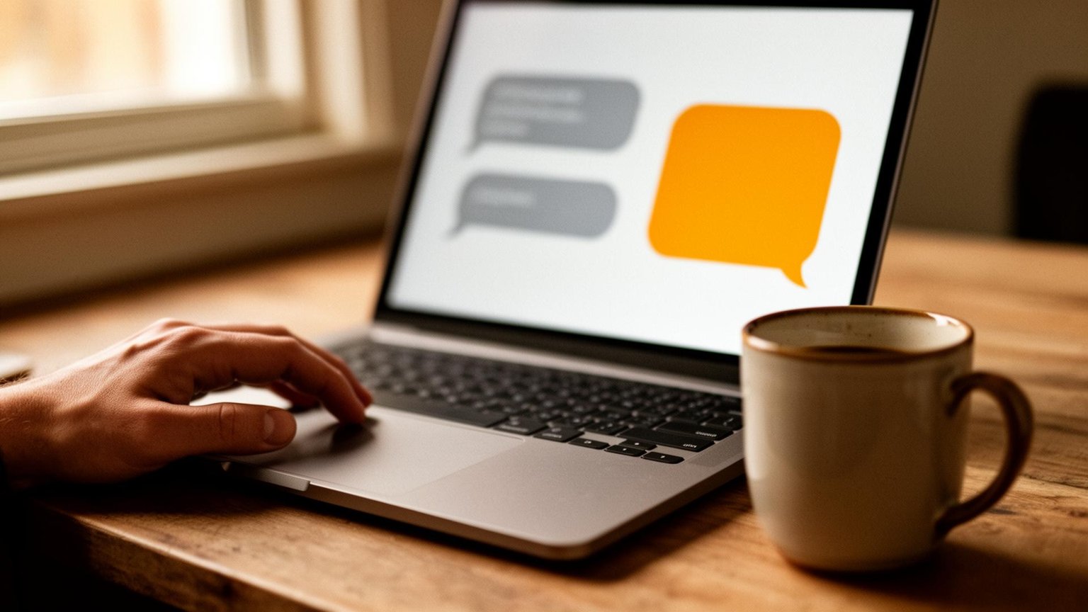 Editorial close-up of a laptop screen showing a feedback thread with two grey partner messages and one amber PhotoBrief reply.