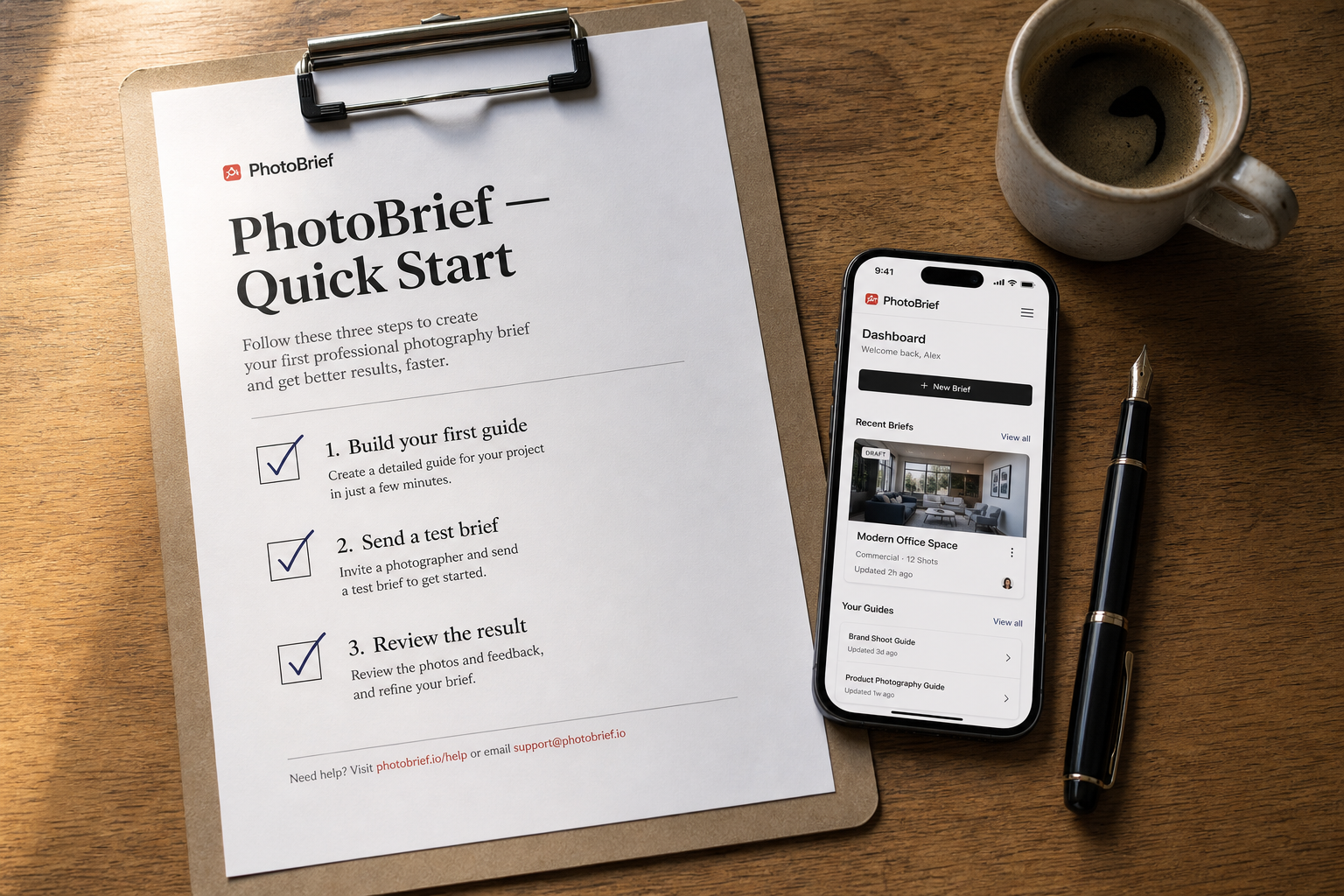 Printed PhotoBrief quick-start checklist on a clipboard beside a phone open to the dashboard.