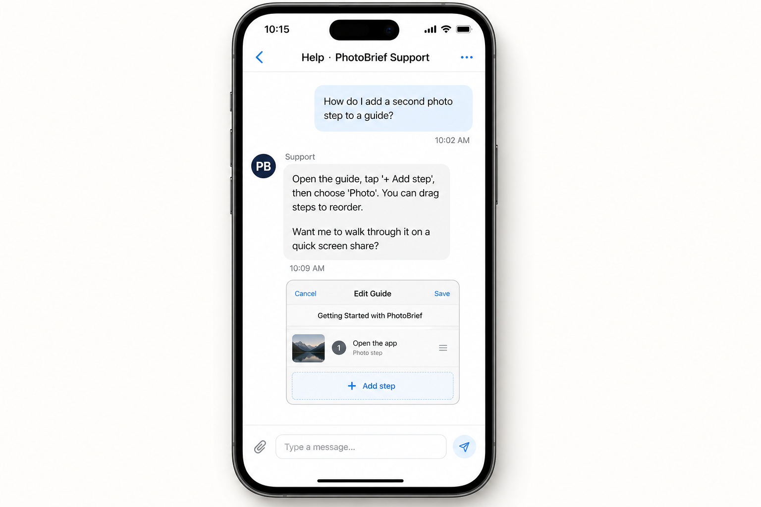Phone showing a support chat where PhotoBrief explains how to add a second photo step to a guide.