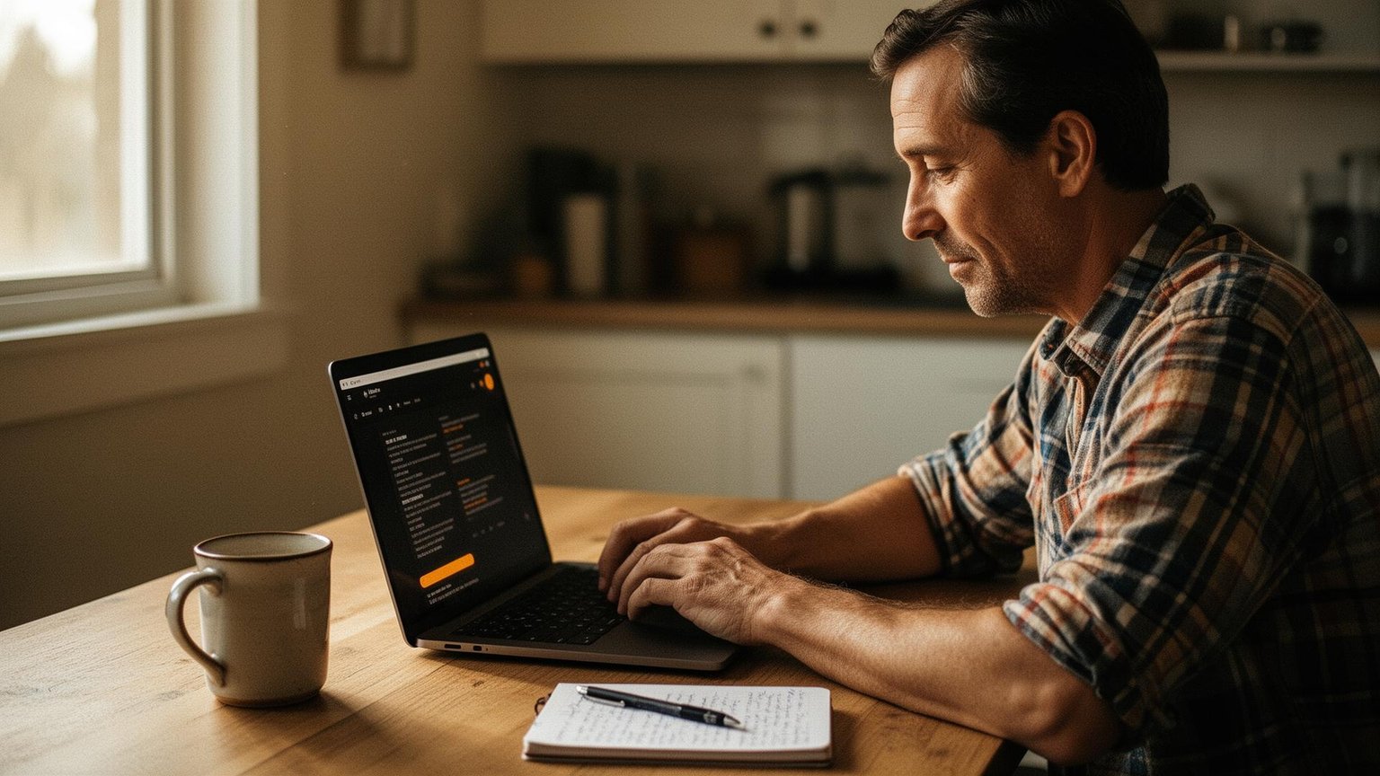 Cedar & Sons owner reviewing a lead brief on a laptop with a Pro Founding badge visible.