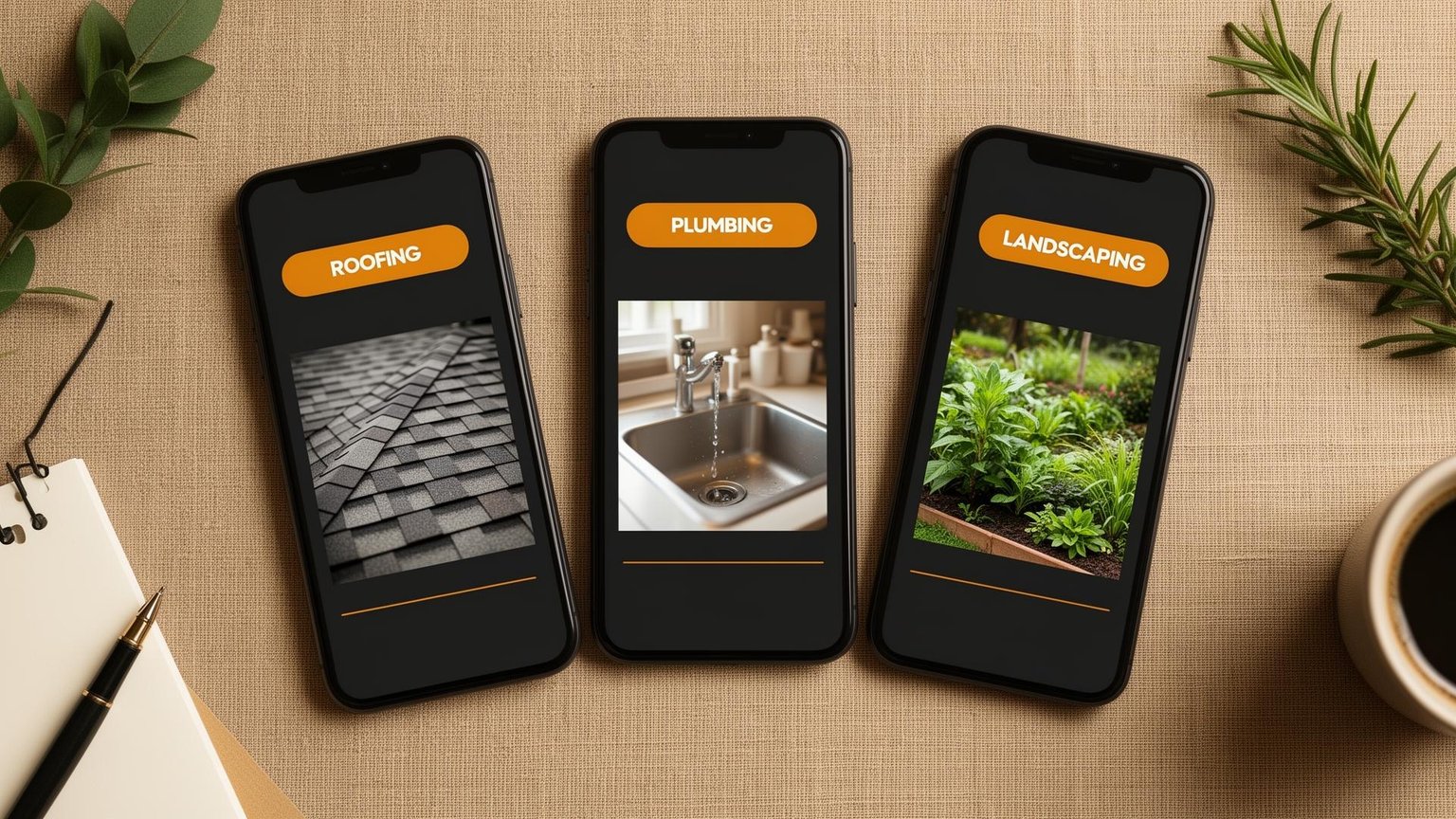 Four phones showing new-lead brief packets for tree care, HVAC, plumbing, and junk removal.