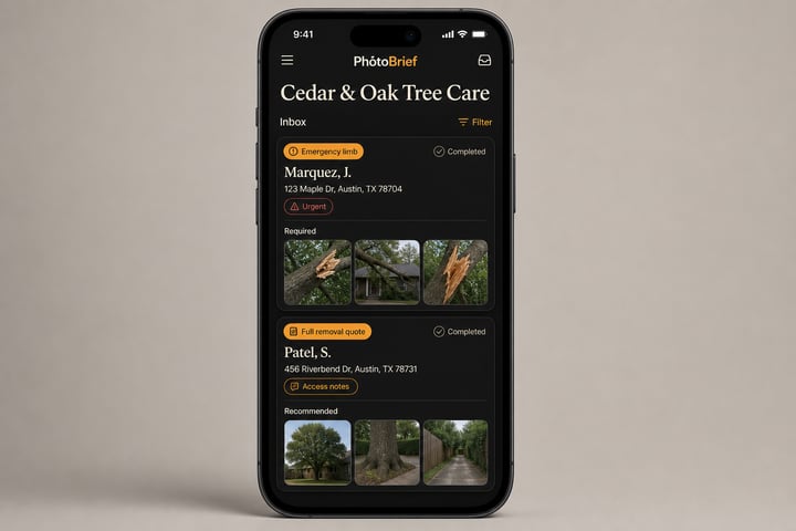 PhotoBrief inbox for Cedar & Oak Tree Care showing two route-specific intake briefs — Emergency limb (photos required) and Full removal quote (photos recommended).