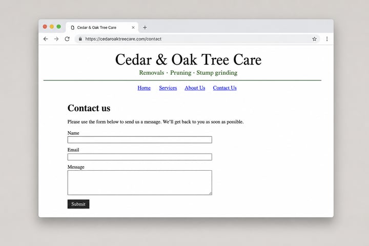 Cedar & Oak Tree Care website with a generic three-field Contact us form — the kind of intake PhotoBrief replaces.